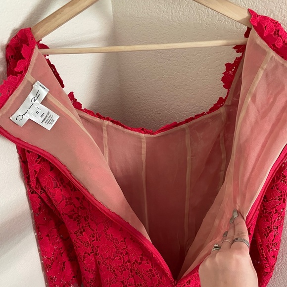 OSCAR DE LA RENTA Floral guipure lace midi dress red silk-chiffon size 12 - Picture 15 of 16